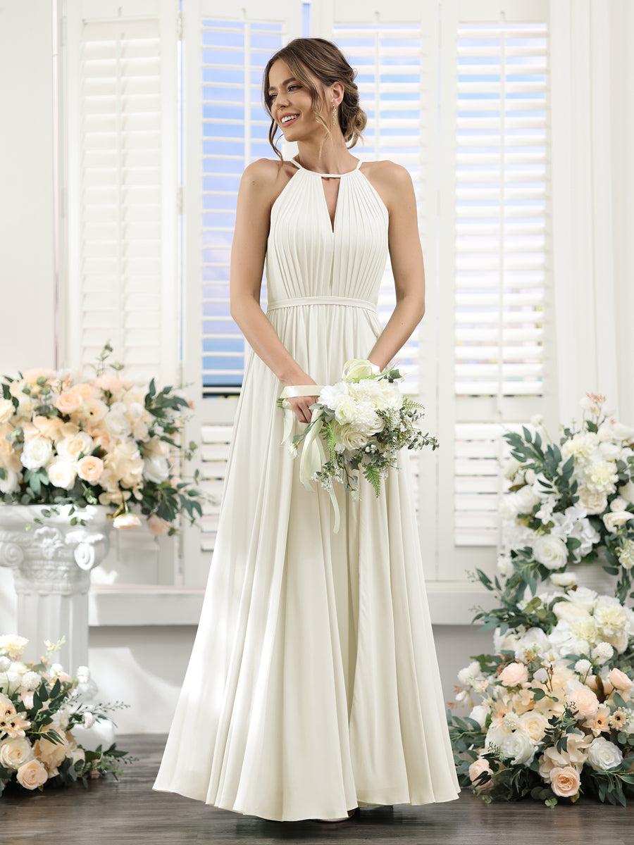 A-Line Halter Sleeveless Split Side Ruched Floor-Length Chiffon Bridesmaid Dresses Ivory