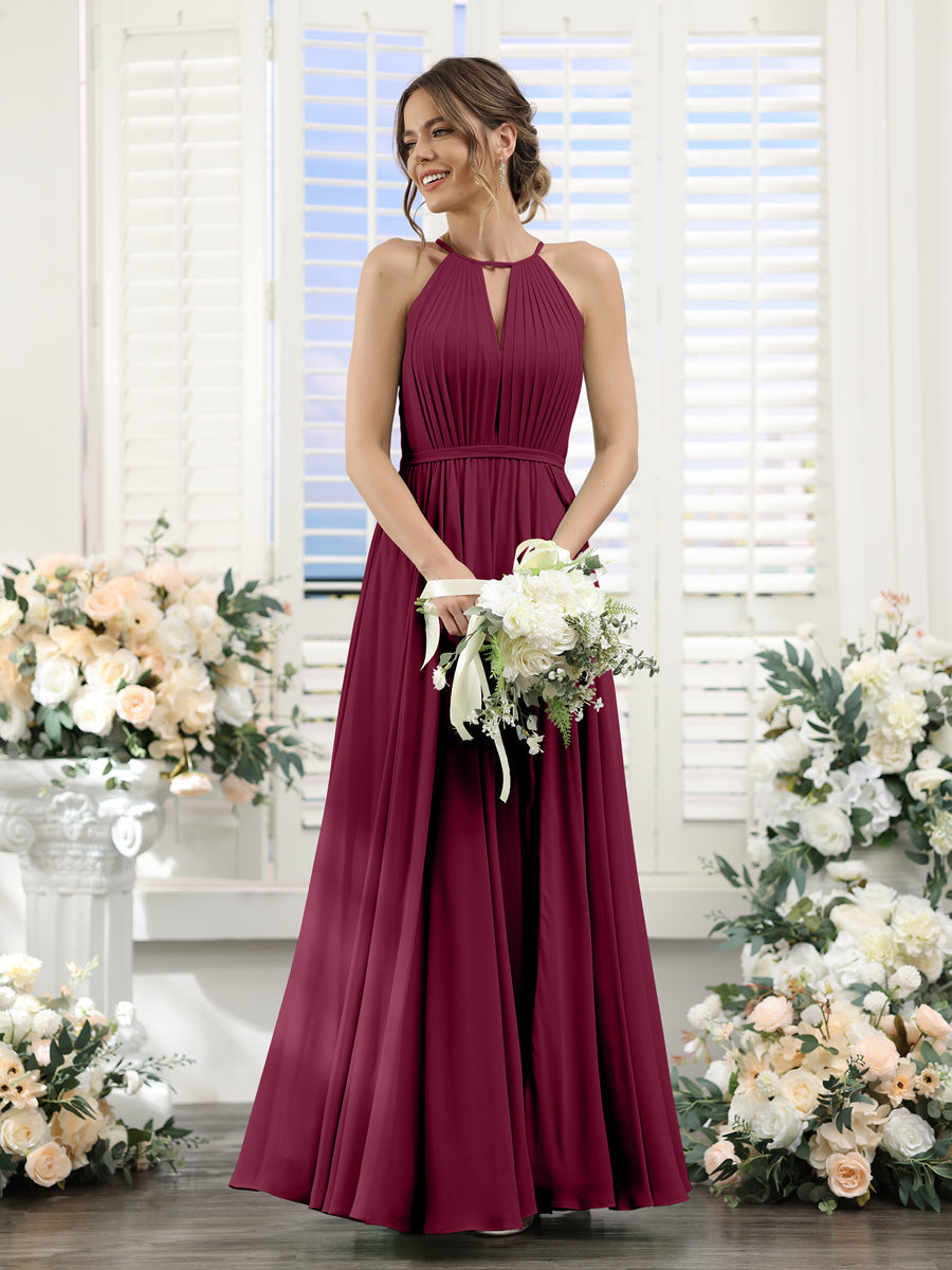 A-Line Halter Sleeveless Split Side Ruched Floor-Length Chiffon Bridesmaid Dresses Light Burgundy
