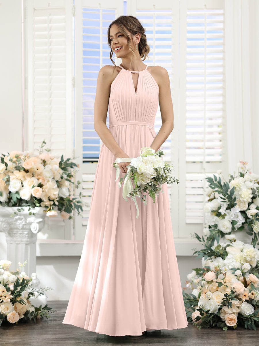A-Line Halter Sleeveless Split Side Ruched Floor-Length Chiffon Bridesmaid Dresses Light Pink
