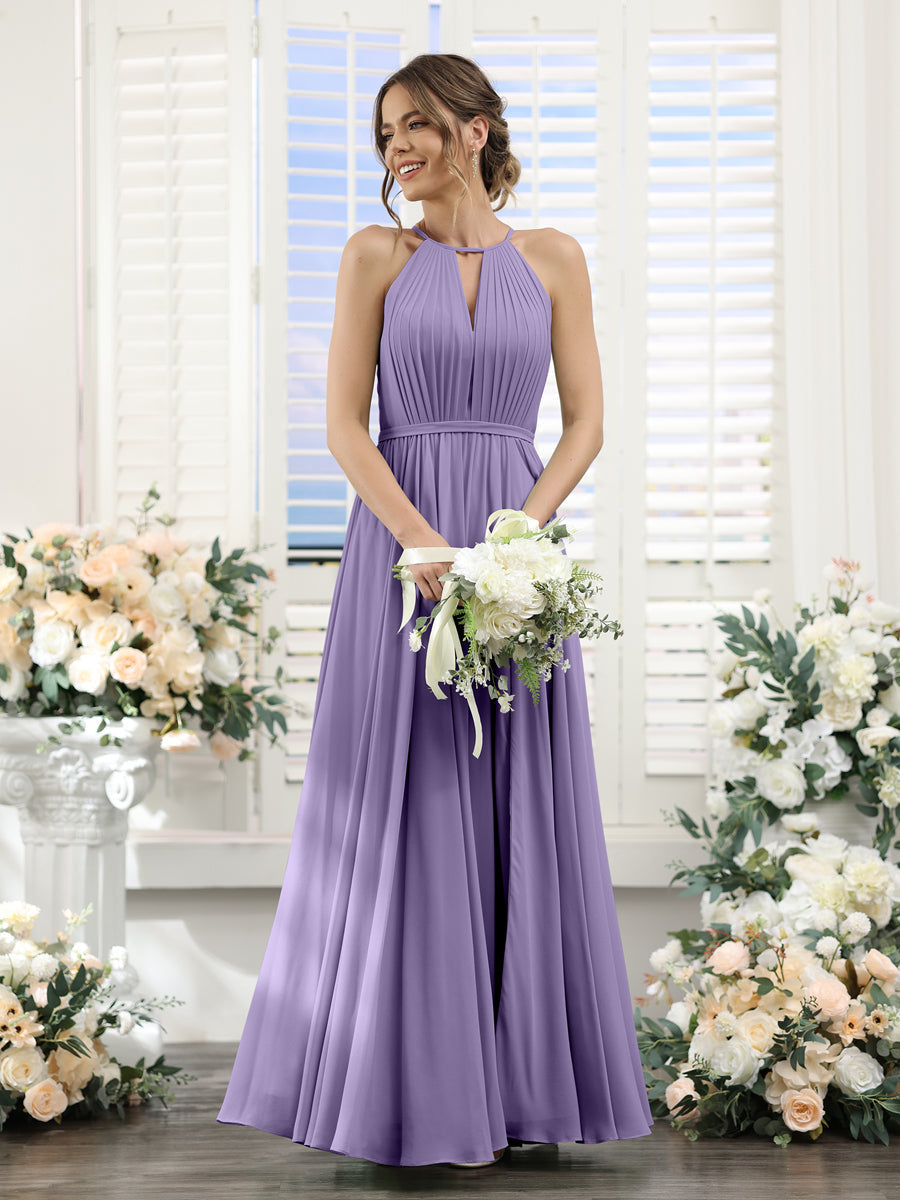A-Line Halter Sleeveless Split Side Ruched Floor-Length Chiffon Bridesmaid Dresses Light Purple