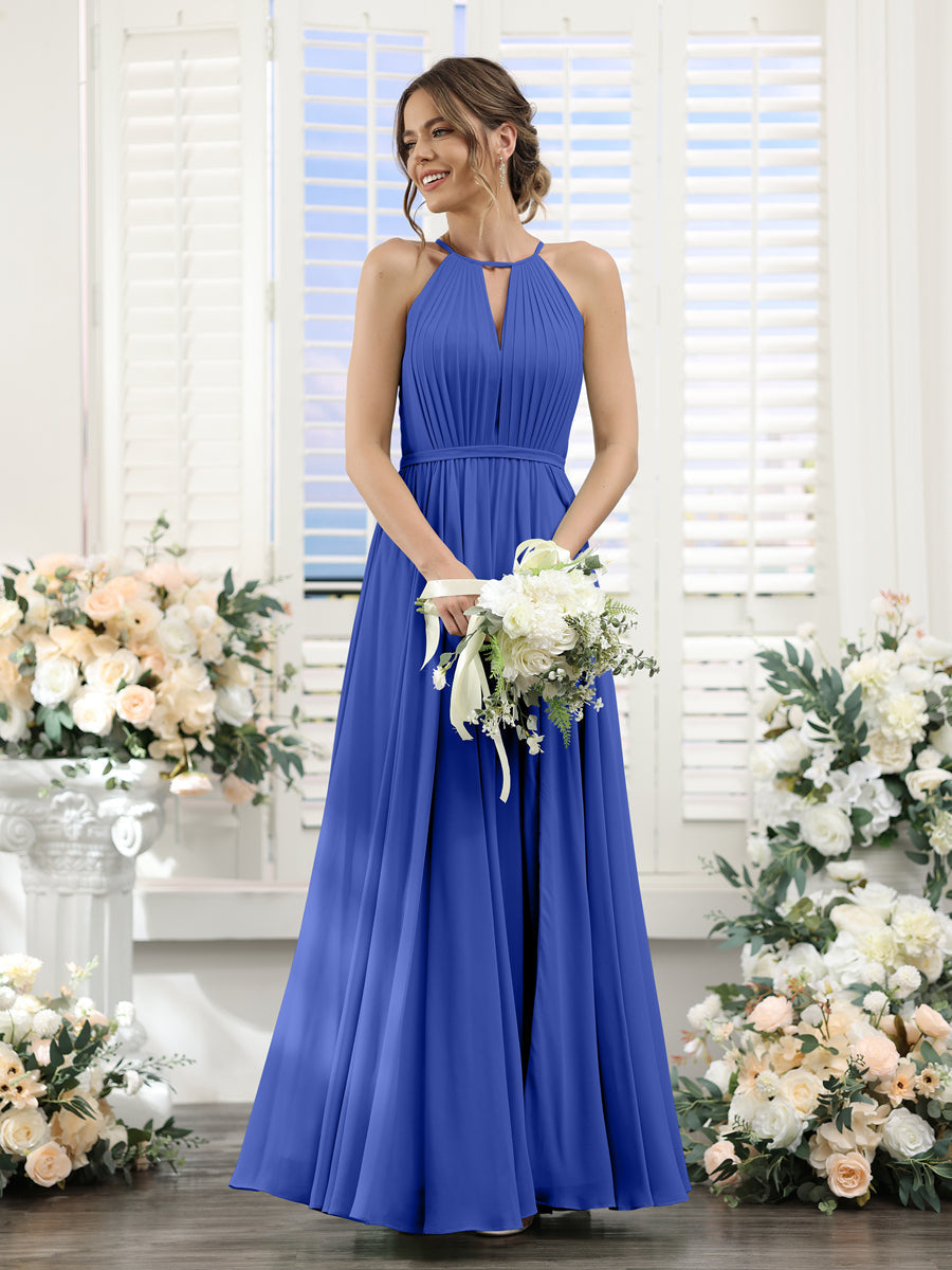 A-Line Halter Sleeveless Split Side Ruched Floor-Length Chiffon Bridesmaid Dresses Light Royal Blue