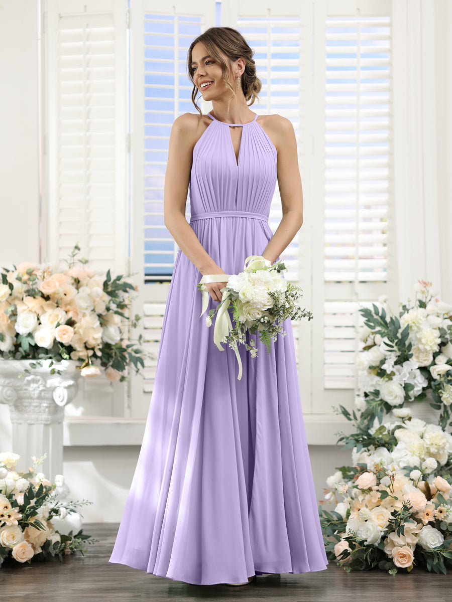 A-Line Halter Sleeveless Split Side Ruched Floor-Length Chiffon Bridesmaid Dresses Lilac