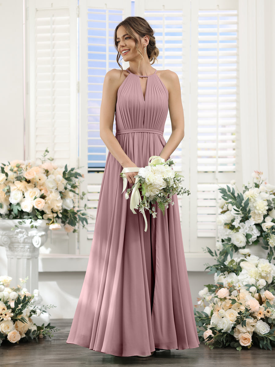 A-Line Halter Sleeveless Split Side Ruched Floor-Length Chiffon Bridesmaid Dresses Mauve
