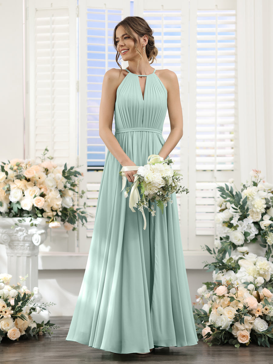 A-Line Halter Sleeveless Split Side Ruched Floor-Length Chiffon Bridesmaid Dresses Mist Blue