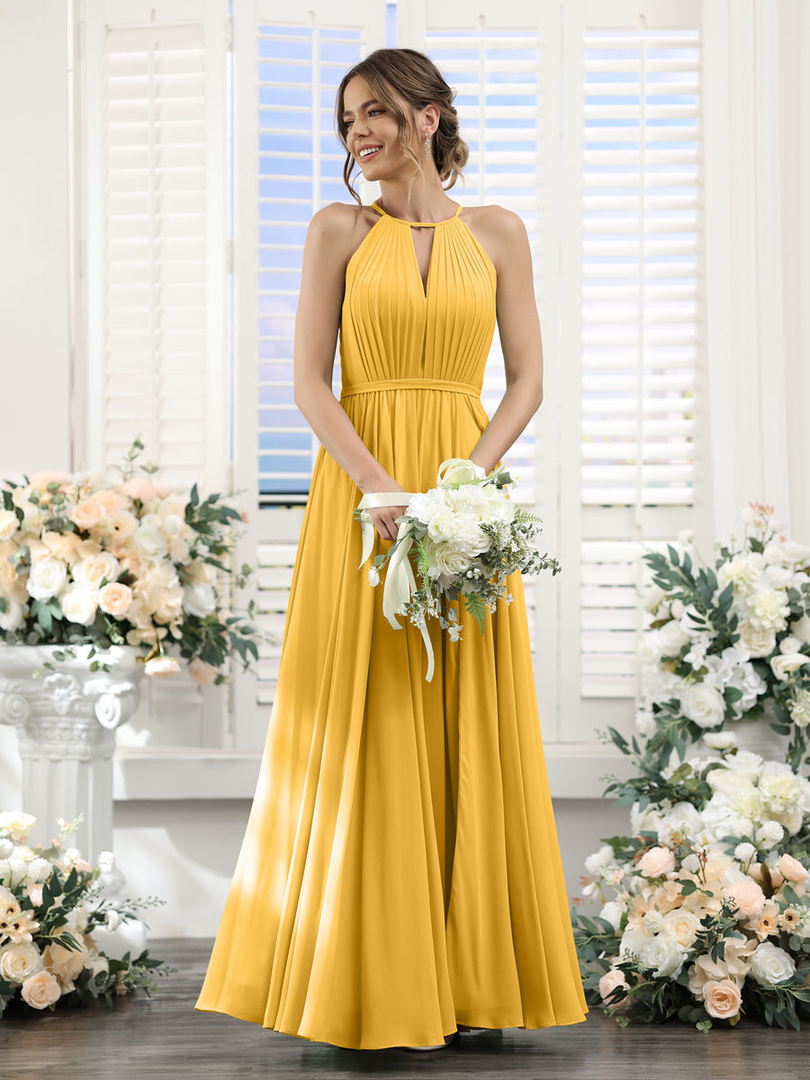 A-Line Halter Sleeveless Split Side Ruched Floor-Length Chiffon Bridesmaid Dresses Mustard Yellow