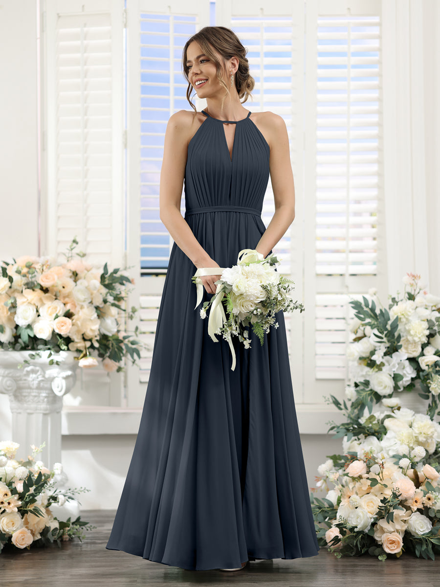 A-Line Halter Sleeveless Split Side Ruched Floor-Length Chiffon Bridesmaid Dresses Navy Blue