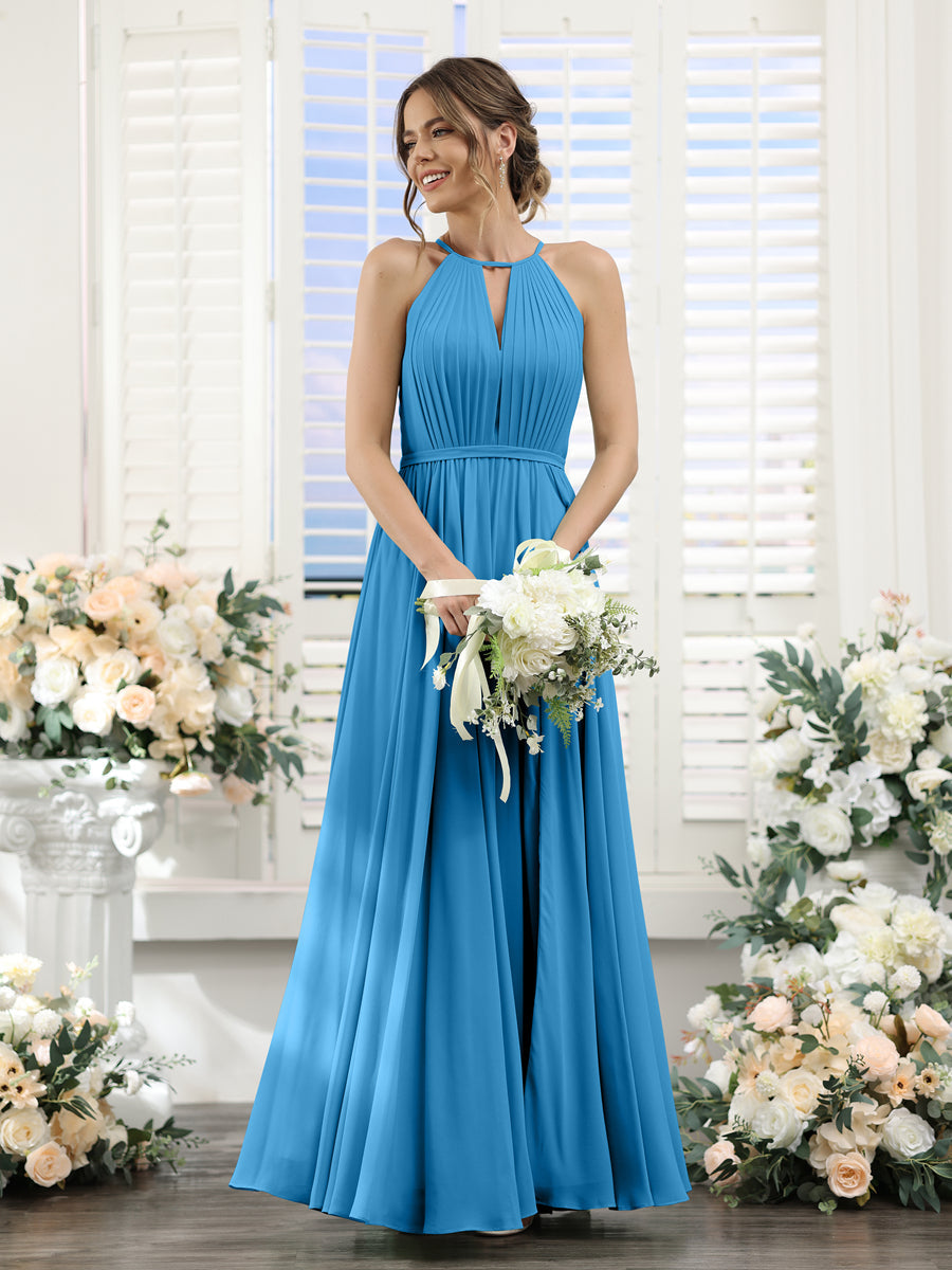 A-Line Halter Sleeveless Split Side Ruched Floor-Length Chiffon Bridesmaid Dresses Ocean Blue