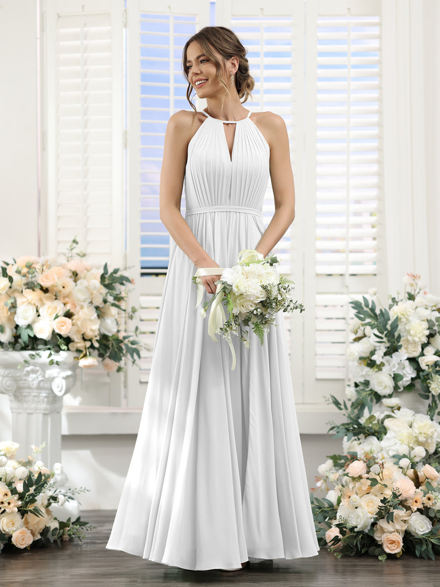 A-Line Halter Sleeveless Split Side Ruched Floor-Length Chiffon Bridesmaid Dresses Off White