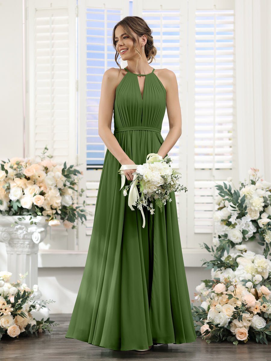 A-Line Halter Sleeveless Split Side Ruched Floor-Length Chiffon Bridesmaid Dresses Olive Green