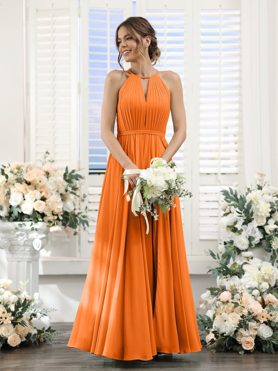 A-Line Halter Sleeveless Split Side Ruched Floor-Length Chiffon Bridesmaid Dresses Orange