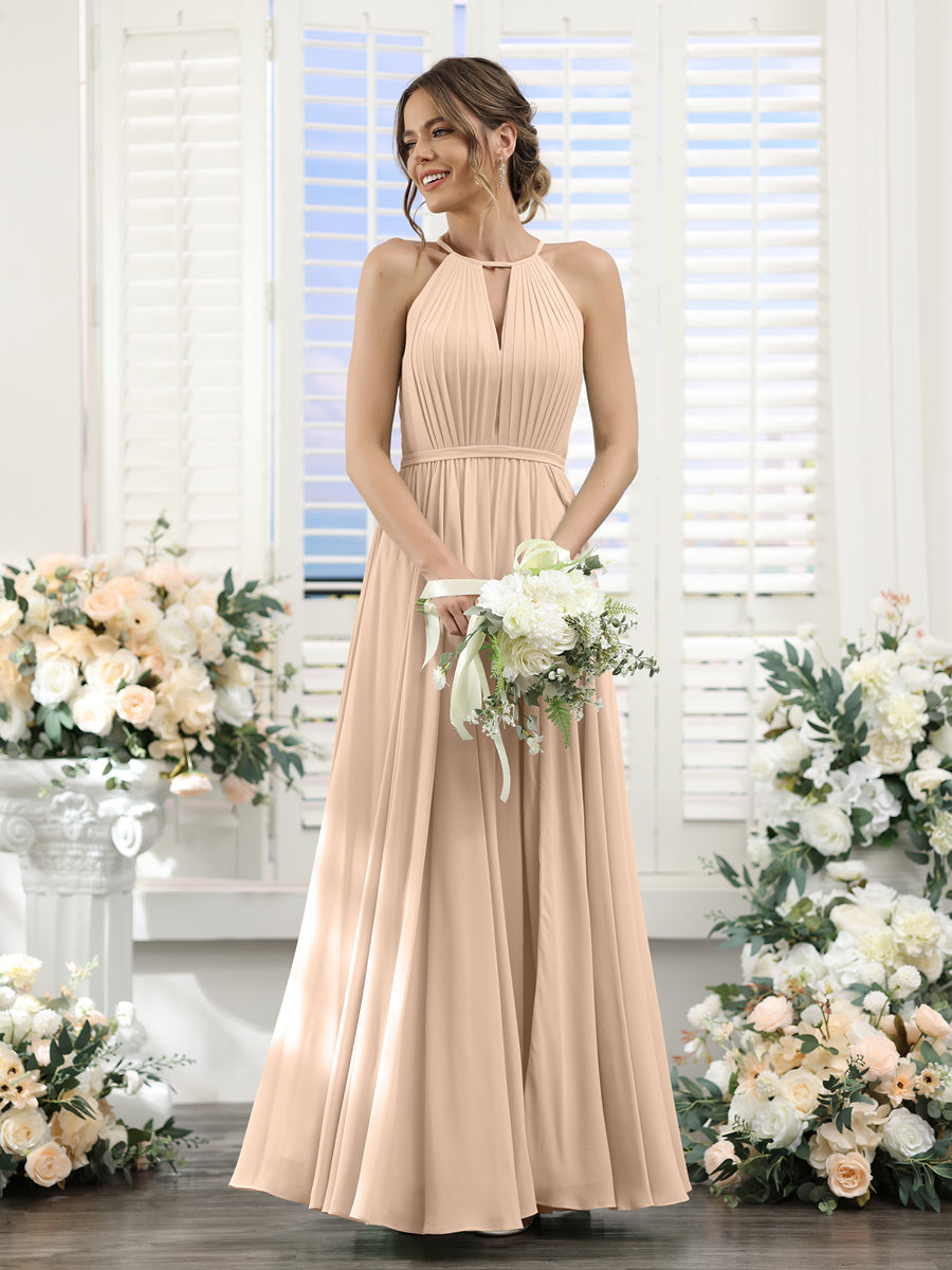 A-Line Halter Sleeveless Split Side Ruched Floor-Length Chiffon Bridesmaid Dresses Peach Pink