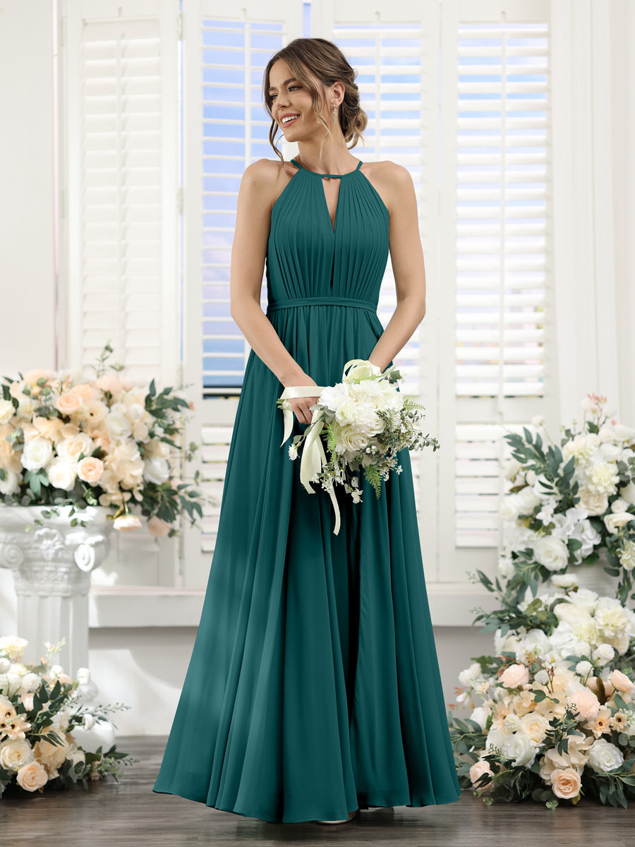 A-Line Halter Sleeveless Split Side Ruched Floor-Length Chiffon Bridesmaid Dresses Peacock