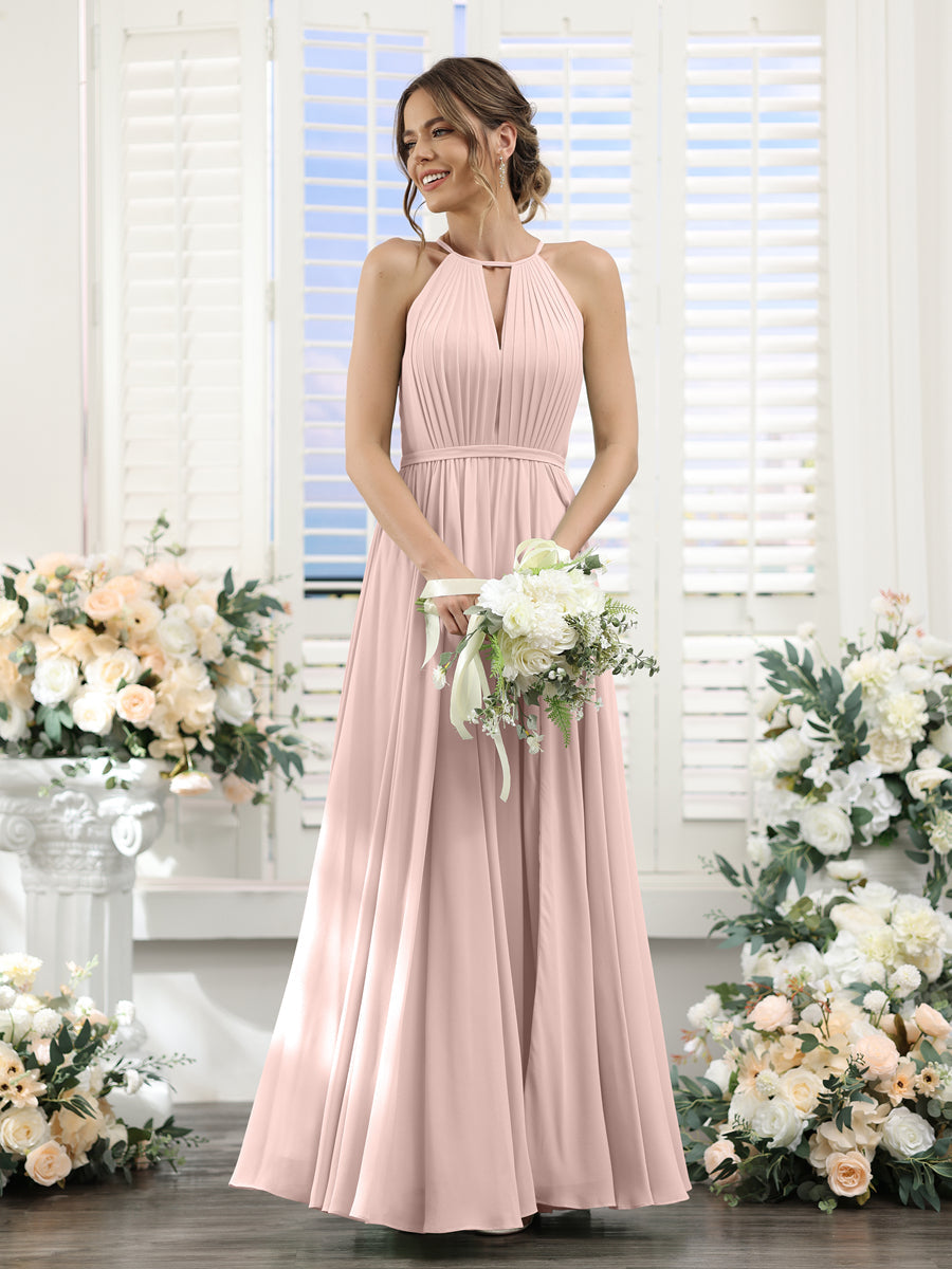 A-Line Halter Sleeveless Split Side Ruched Floor-Length Chiffon Bridesmaid Dresses Pearl Pink