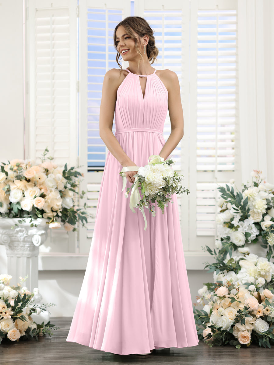 A-Line Halter Sleeveless Split Side Ruched Floor-Length Chiffon Bridesmaid Dresses Pink