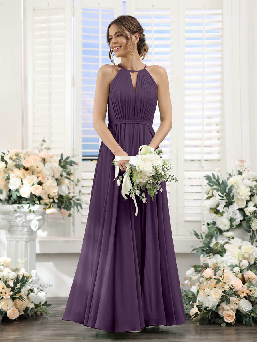 A-Line Halter Sleeveless Split Side Ruched Floor-Length Chiffon Bridesmaid Dresses Plum