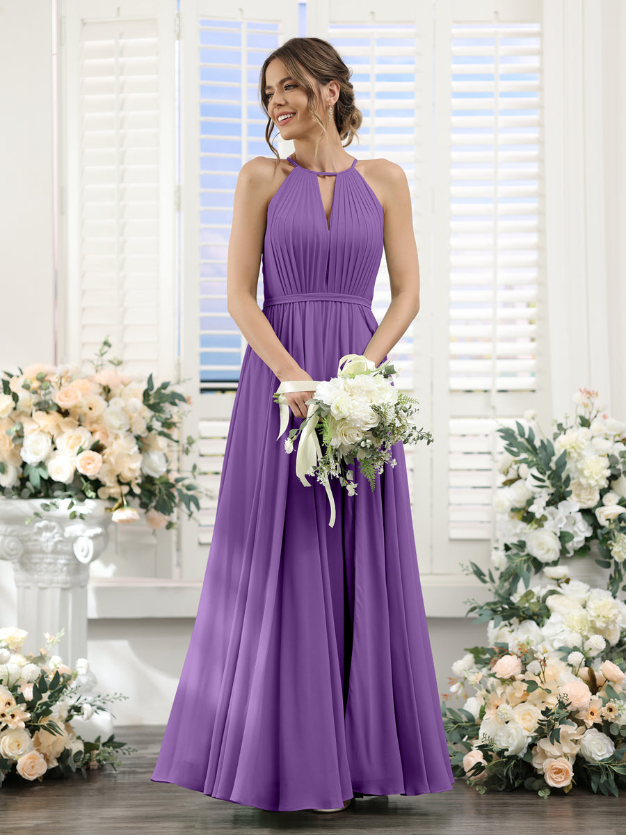 A-Line Halter Sleeveless Split Side Ruched Floor-Length Chiffon Bridesmaid Dresses Purple