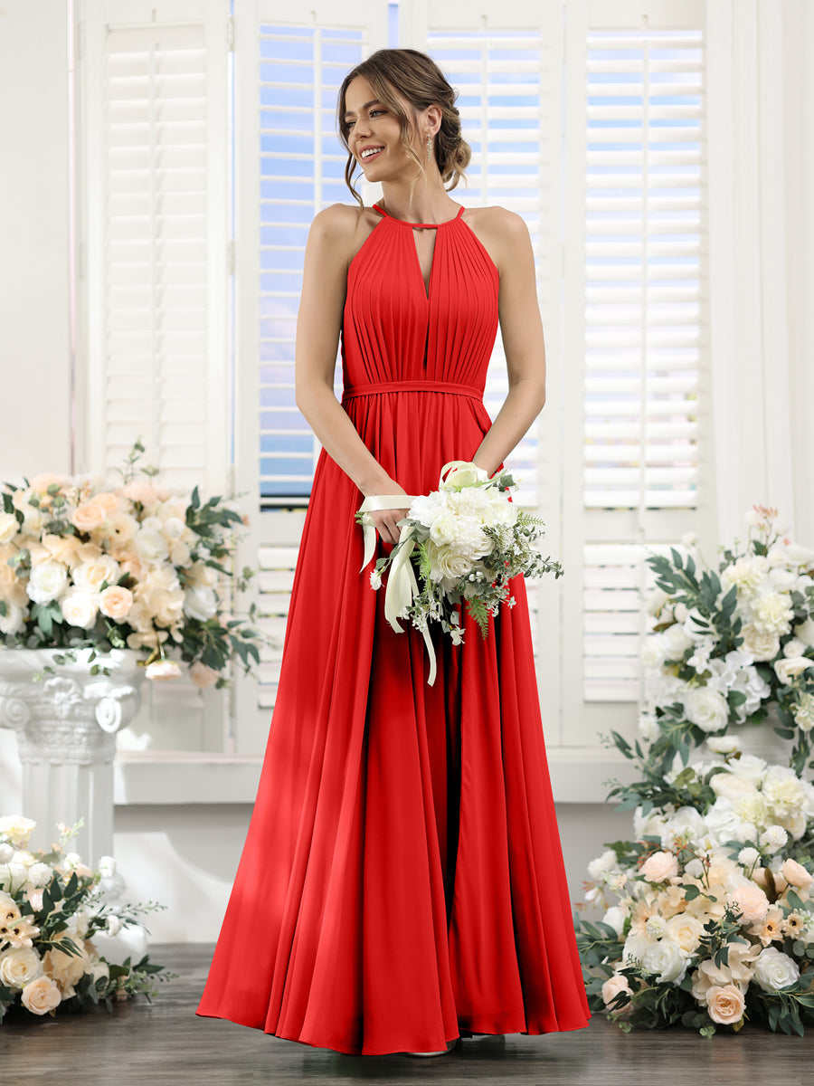 A-Line Halter Sleeveless Split Side Ruched Floor-Length Chiffon Bridesmaid Dresses Red