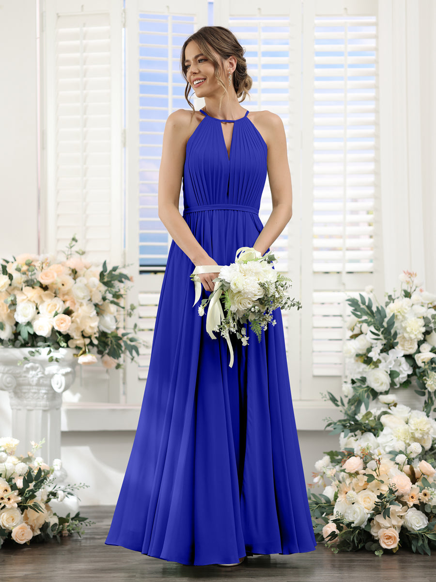 A-Line Halter Sleeveless Split Side Ruched Floor-Length Chiffon Bridesmaid Dresses Royal Blue