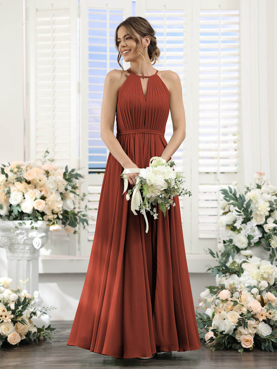 A-Line Halter Sleeveless Split Side Ruched Floor-Length Chiffon Bridesmaid Dresses Rust