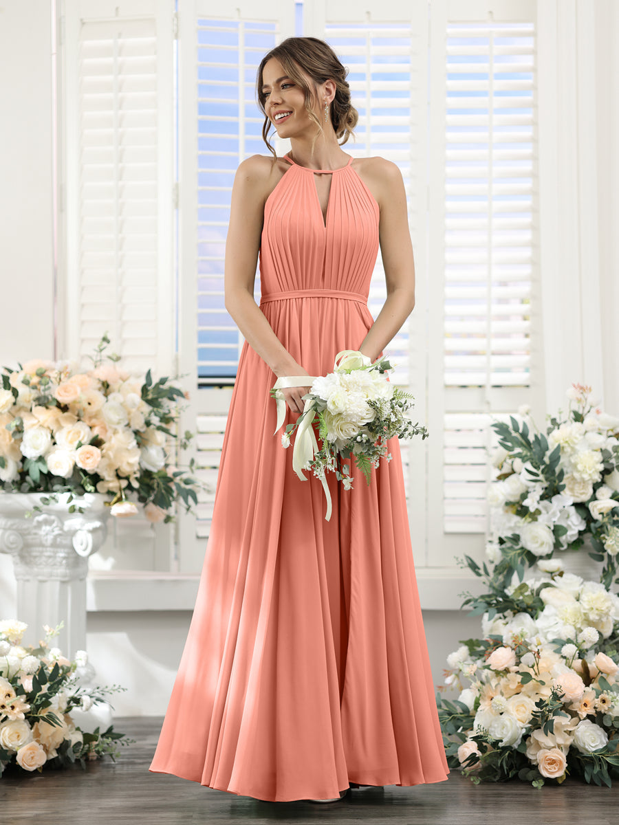 A-Line Halter Sleeveless Split Side Ruched Floor-Length Chiffon Bridesmaid Dresses Salmon