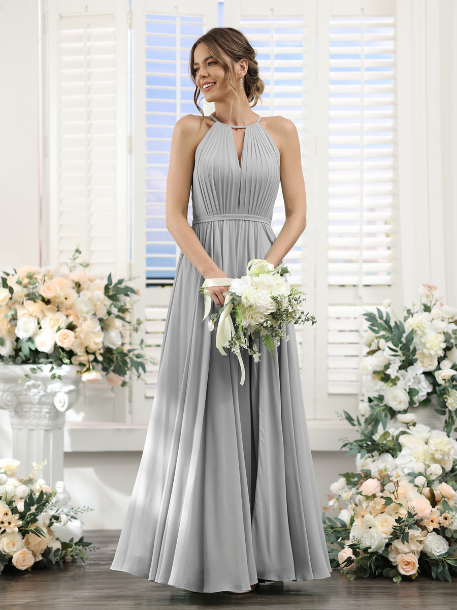 A-Line Halter Sleeveless Split Side Ruched Floor-Length Chiffon Bridesmaid Dresses Silver