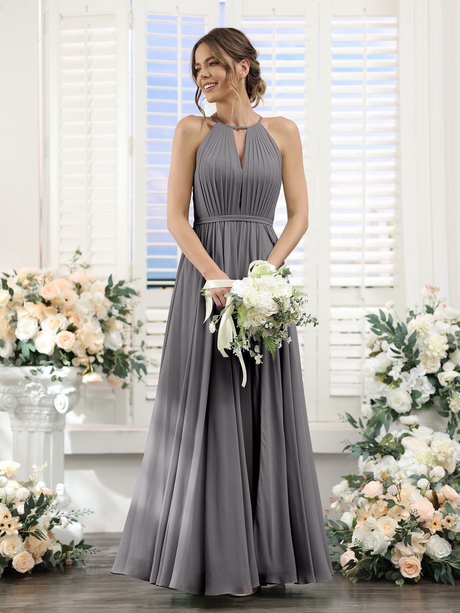 A-Line Halter Sleeveless Split Side Ruched Floor-Length Chiffon Bridesmaid Dresses Silver Gray