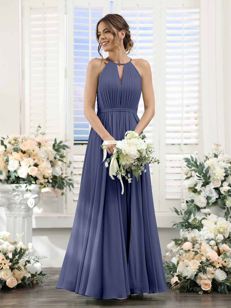A-Line Halter Sleeveless Split Side Ruched Floor-Length Chiffon Bridesmaid Dresses Stormy Blue
