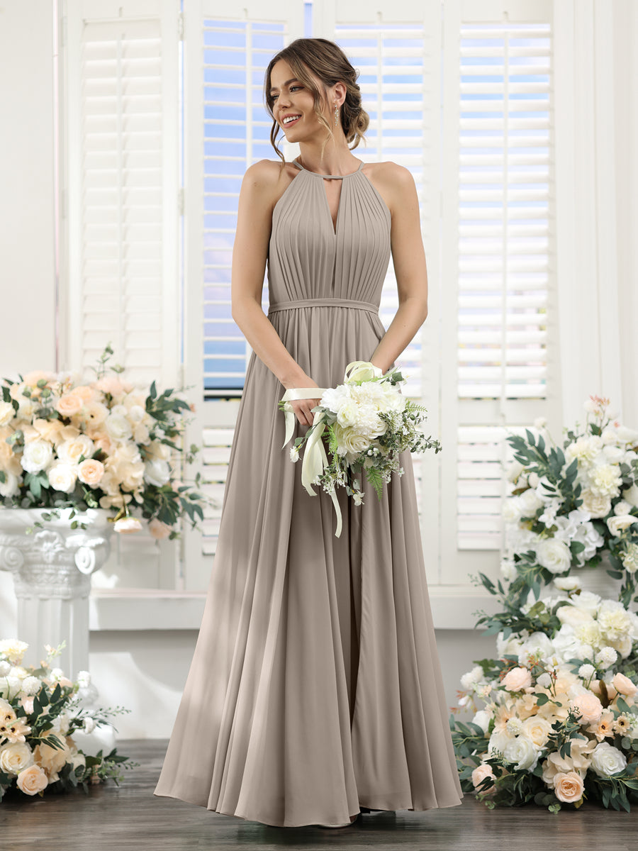 A-Line Halter Sleeveless Split Side Ruched Floor-Length Chiffon Bridesmaid Dresses Taupe