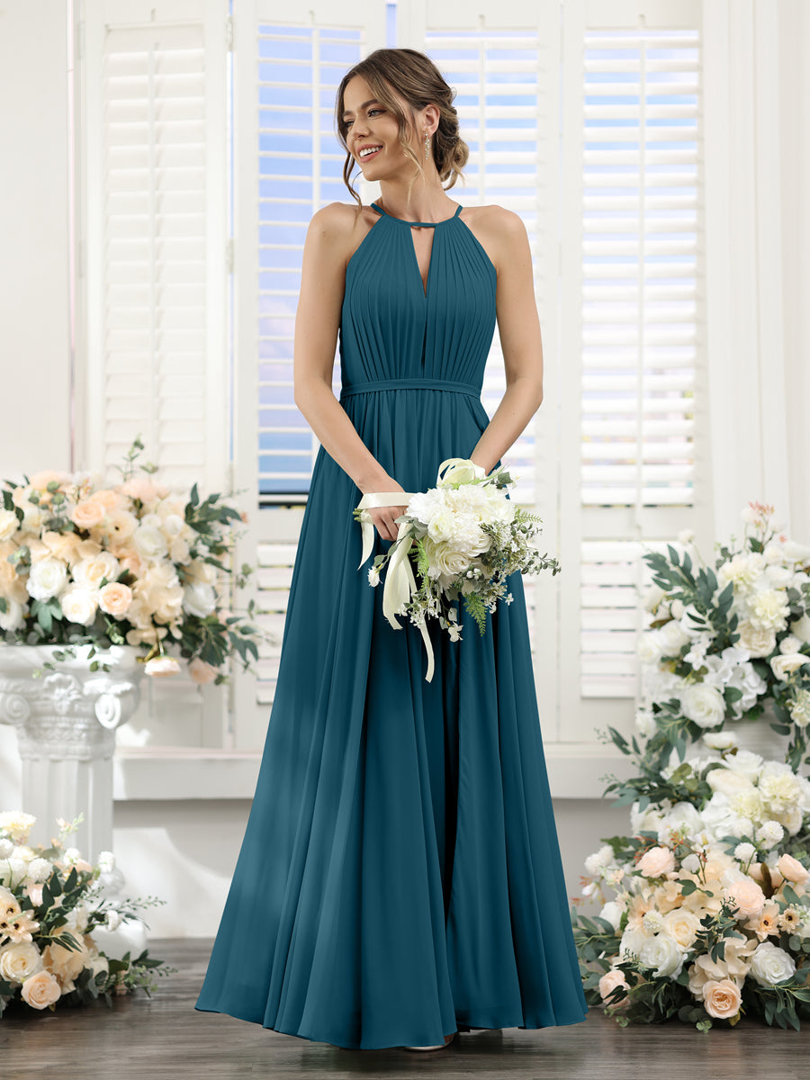 A-Line Halter Sleeveless Split Side Ruched Floor-Length Chiffon Bridesmaid Dresses Teal