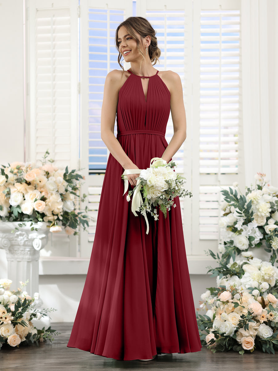 A-Line Halter Sleeveless Split Side Ruched Floor-Length Chiffon Bridesmaid Dresses Wine Red