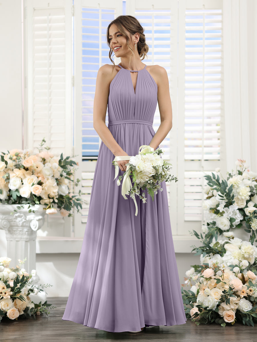 A-Line Halter Sleeveless Split Side Ruched Floor-Length Chiffon Bridesmaid Dresses Wisteria