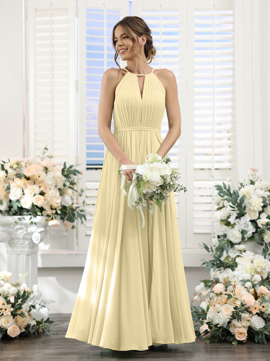 A-Line Halter Sleeveless Split Side Ruched Floor-Length Chiffon Bridesmaid Dresses Yellow