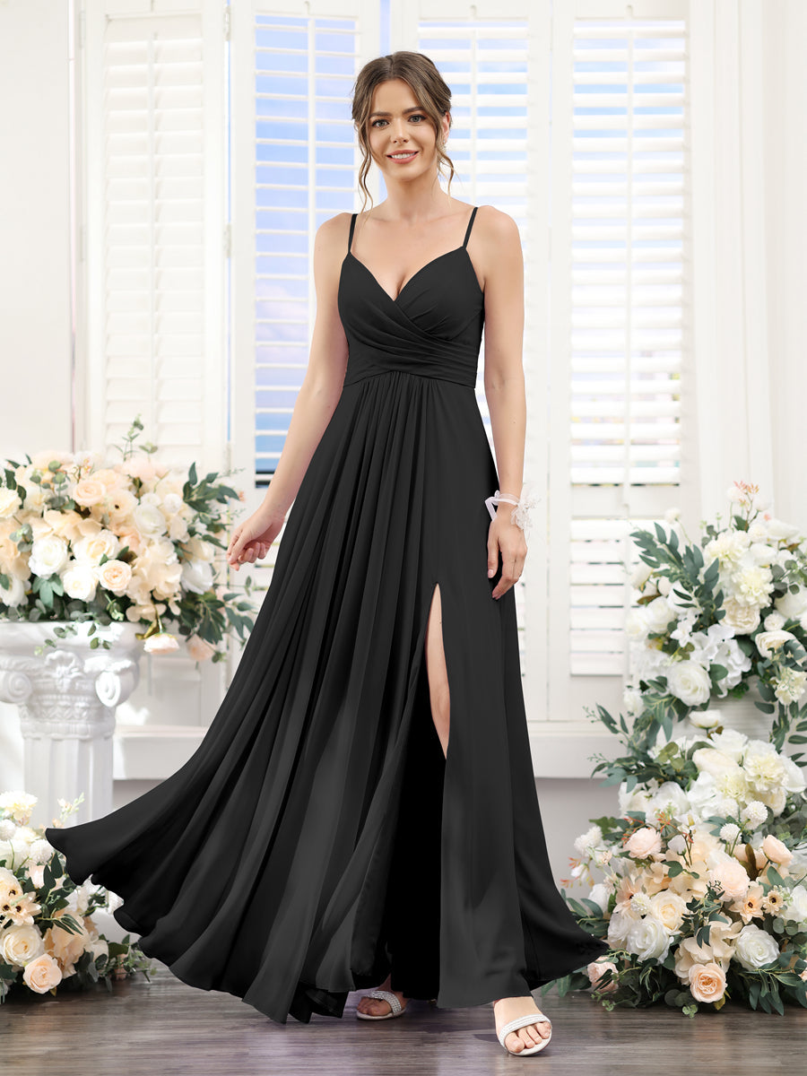 A-Line V-Neck Spaghetti Straps Sleeveless Split Side Floor-Length Chiffon Bridesmaid Dresses Black