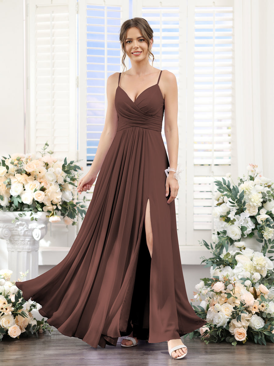 A-Line V-Neck Spaghetti Straps Sleeveless Split Side Floor-Length Chiffon Bridesmaid Dresses Brown