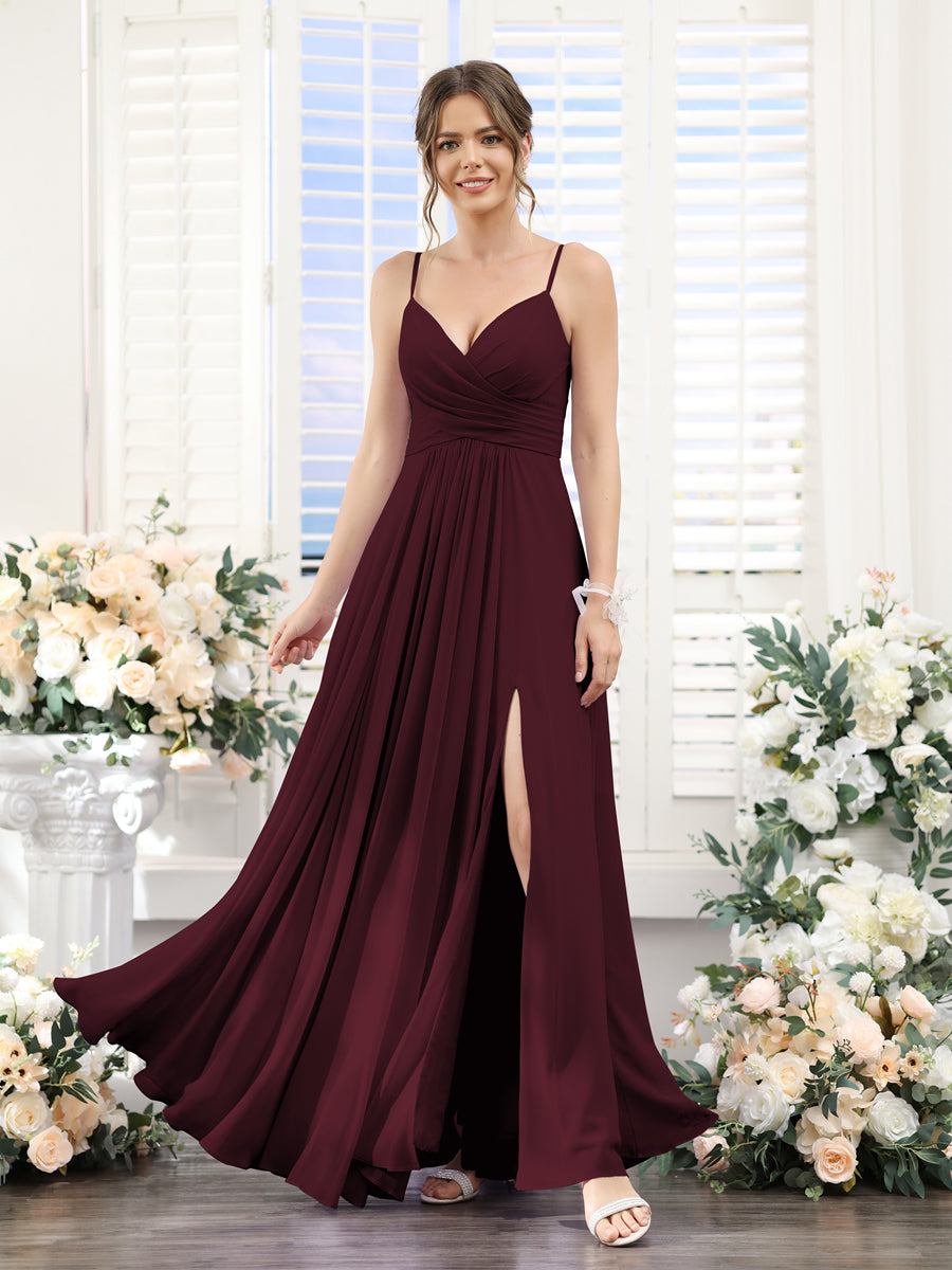 A-Line V-Neck Spaghetti Straps Sleeveless Split Side Floor-Length Chiffon Bridesmaid Dresses Burgundy