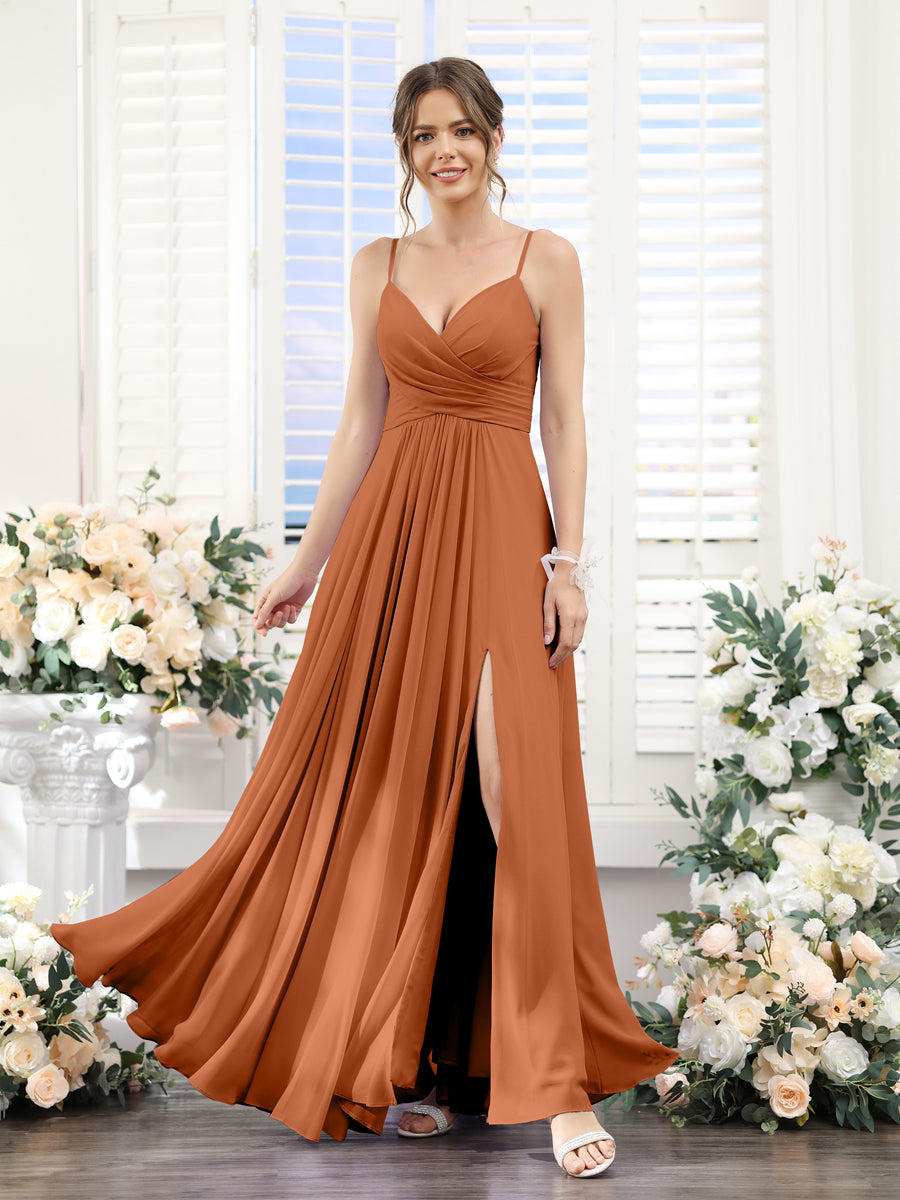 A-Line V-Neck Spaghetti Straps Sleeveless Split Side Floor-Length Chiffon Bridesmaid Dresses Burnt Orange
