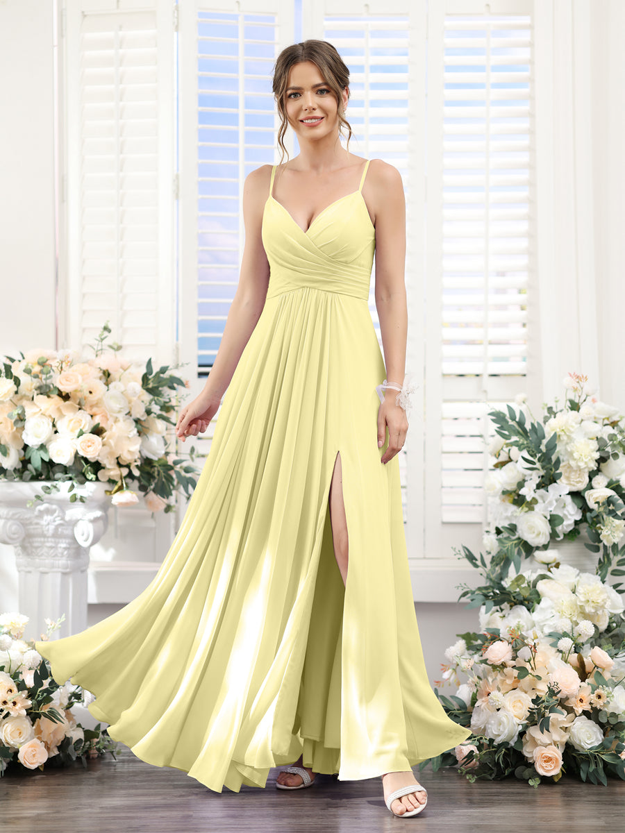 A-Line V-Neck Spaghetti Straps Sleeveless Split Side Floor-Length Chiffon Bridesmaid Dresses Canary