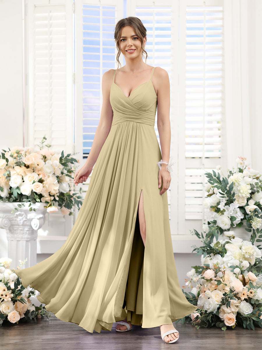 A-Line V-Neck Spaghetti Straps Sleeveless Split Side Floor-Length Chiffon Bridesmaid Dresses Champagne