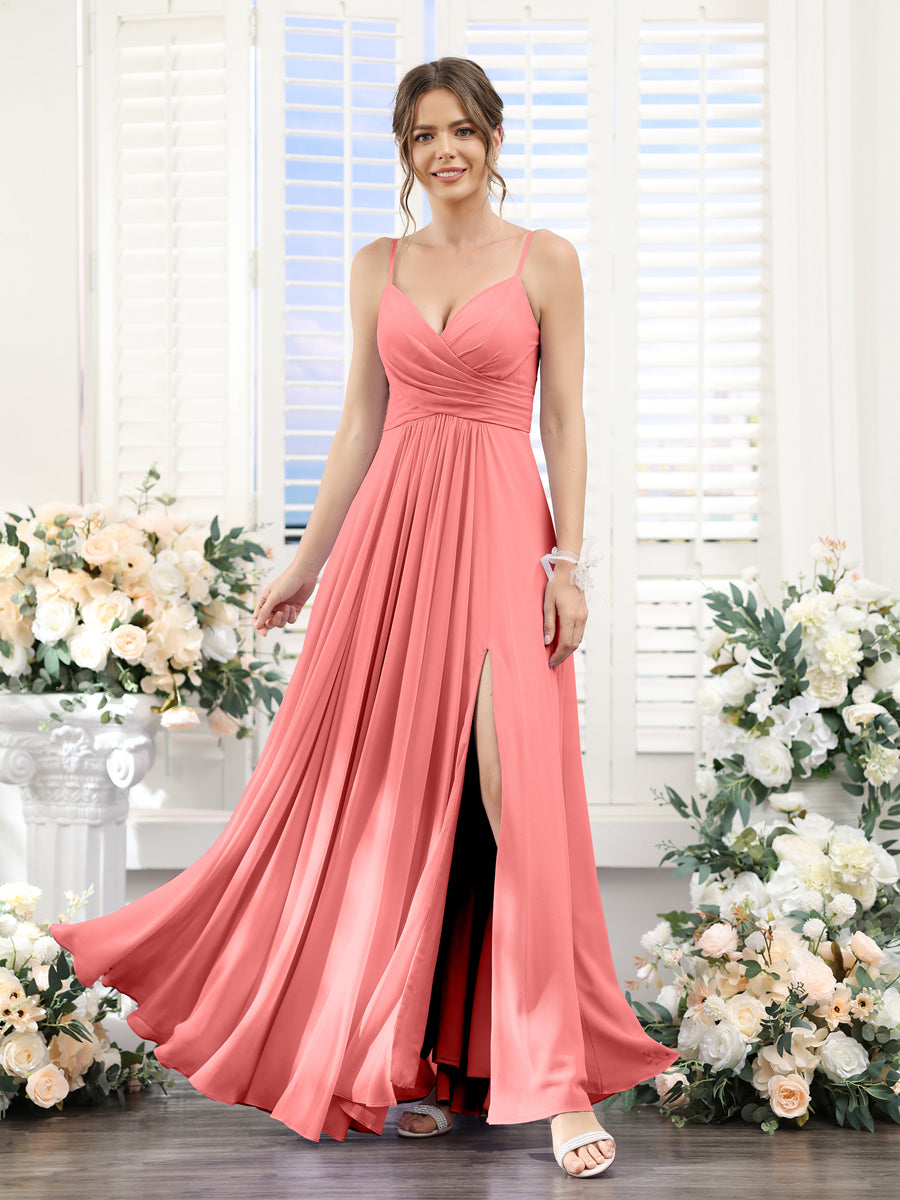 A-Line V-Neck Spaghetti Straps Sleeveless Split Side Floor-Length Chiffon Bridesmaid Dresses Coral