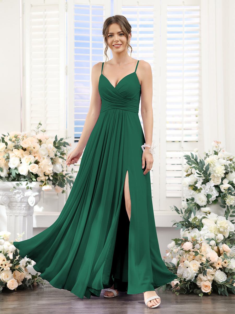 A-Line V-Neck Spaghetti Straps Sleeveless Split Side Floor-Length Chiffon Bridesmaid Dresses Dark Green