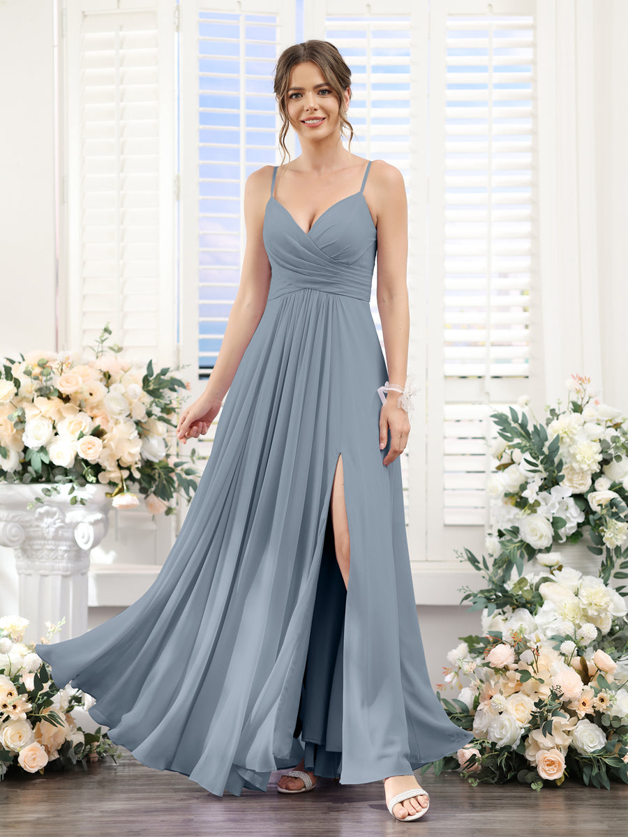 A-Line V-Neck Spaghetti Straps Sleeveless Split Side Floor-Length Chiffon Bridesmaid Dresses Dusty Blue