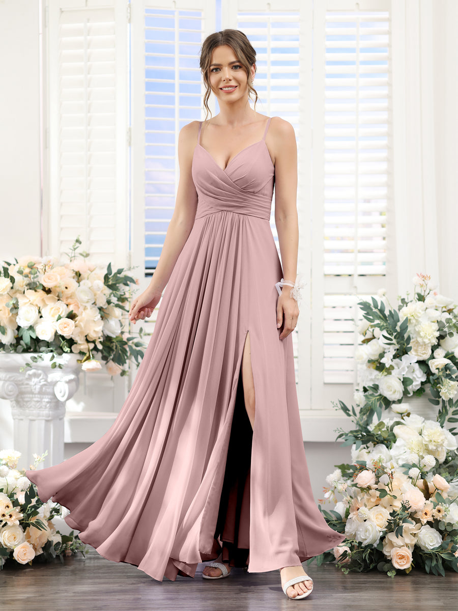 A-Line V-Neck Spaghetti Straps Sleeveless Split Side Floor-Length Chiffon Bridesmaid Dresses Dusty Pink
