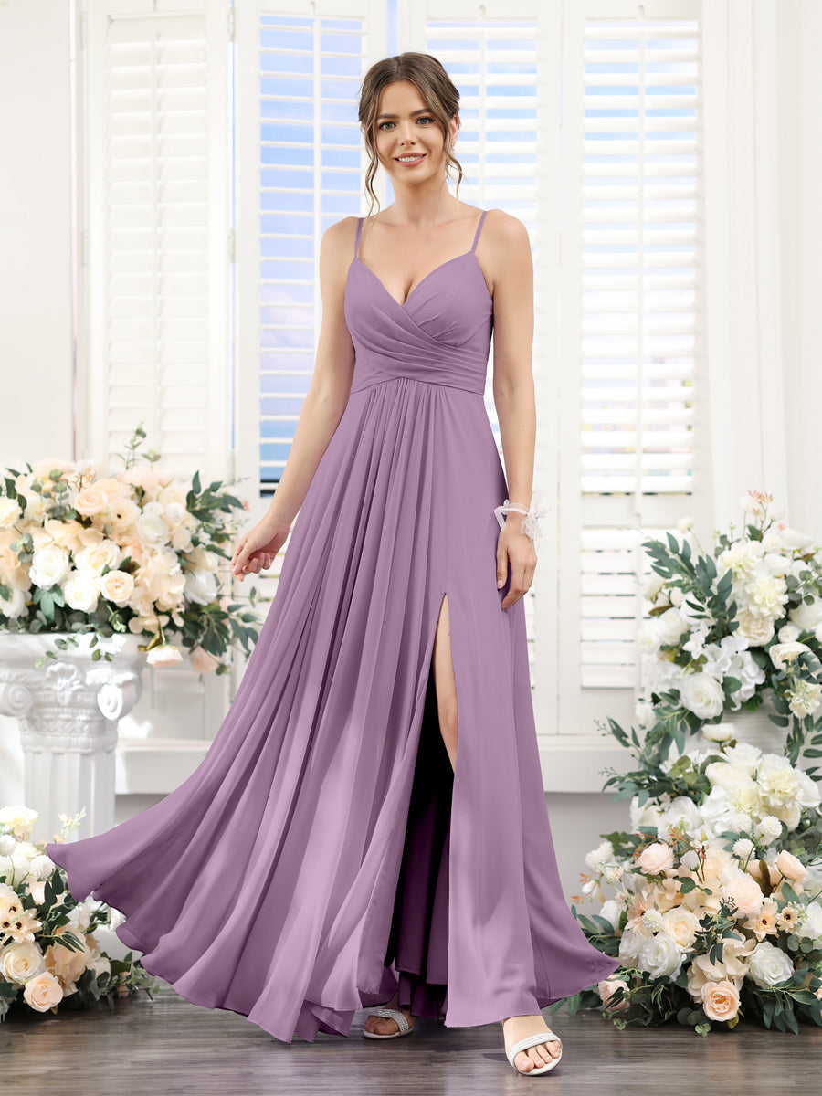 A-Line V-Neck Spaghetti Straps Sleeveless Split Side Floor-Length Chiffon Bridesmaid Dresses Dusty Purple