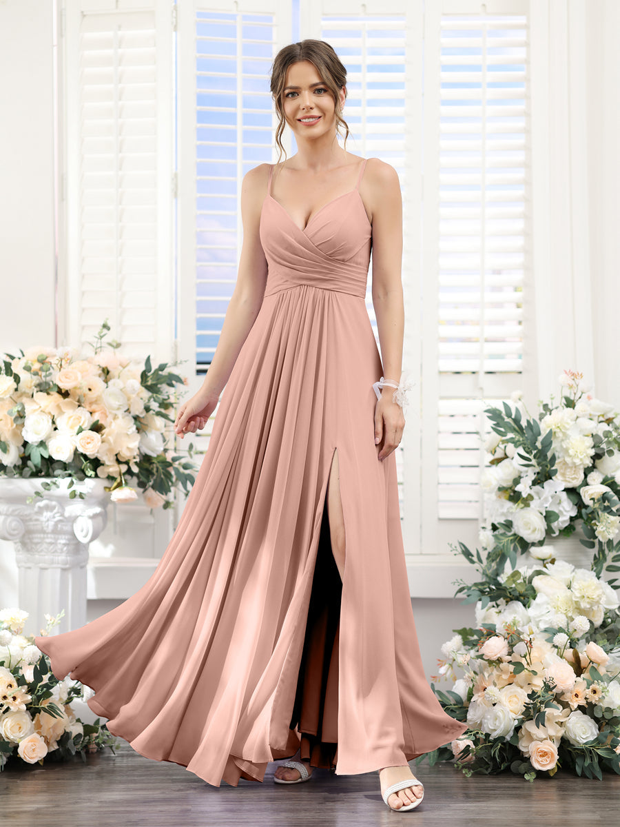 A-Line V-Neck Spaghetti Straps Sleeveless Split Side Floor-Length Chiffon Bridesmaid Dresses Dusty Rose