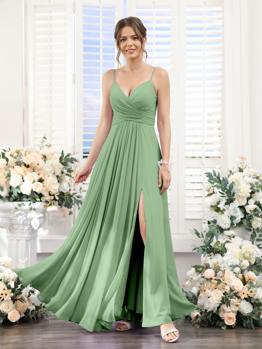A-Line V-Neck Spaghetti Straps Sleeveless Split Side Floor-Length Chiffon Bridesmaid Dresses Dusty Sage
