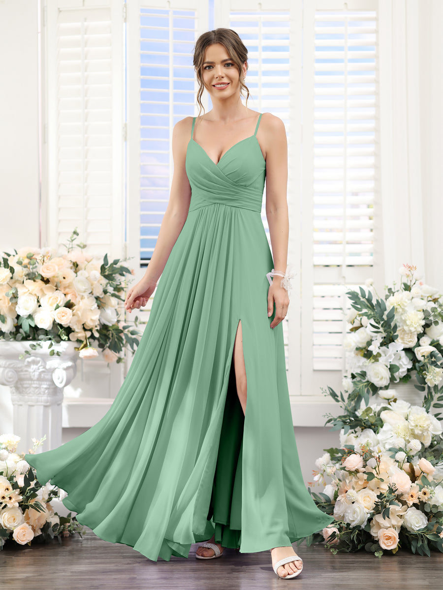 A-Line V-Neck Spaghetti Straps Sleeveless Split Side Floor-Length Chiffon Bridesmaid Dresses Eucalyptus