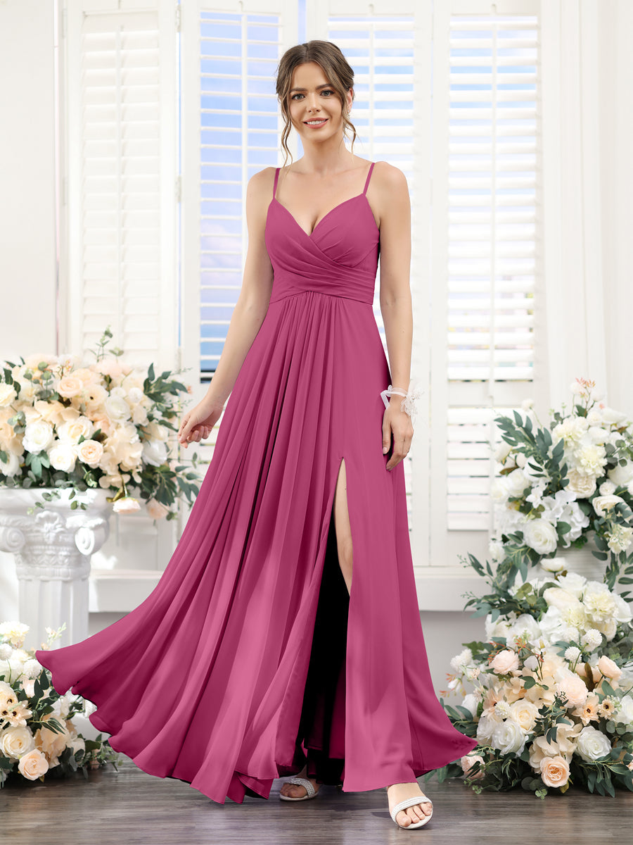 A-Line V-Neck Spaghetti Straps Sleeveless Split Side Floor-Length Chiffon Bridesmaid Dresses Fuchsia
