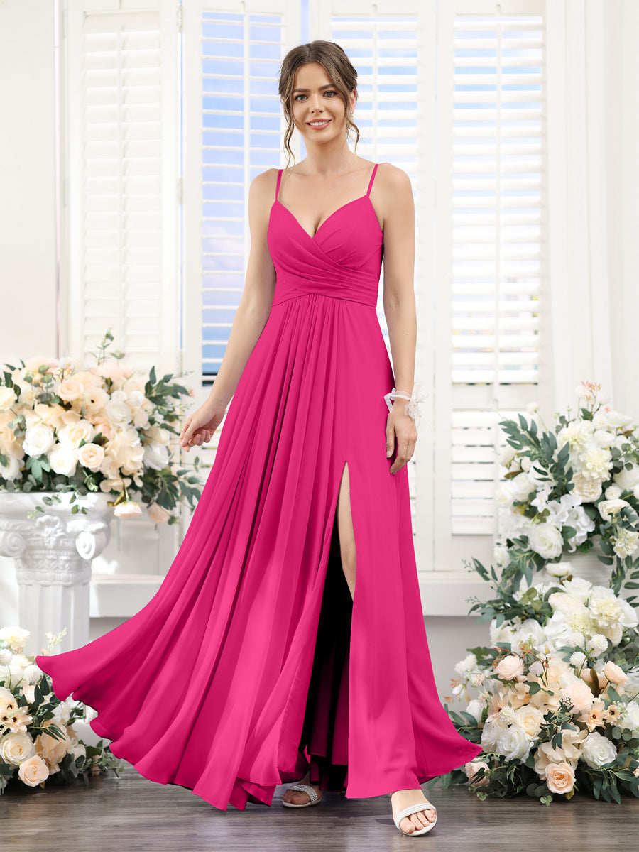 A-Line V-Neck Spaghetti Straps Sleeveless Split Side Floor-Length Chiffon Bridesmaid Dresses Fuchsia Pink