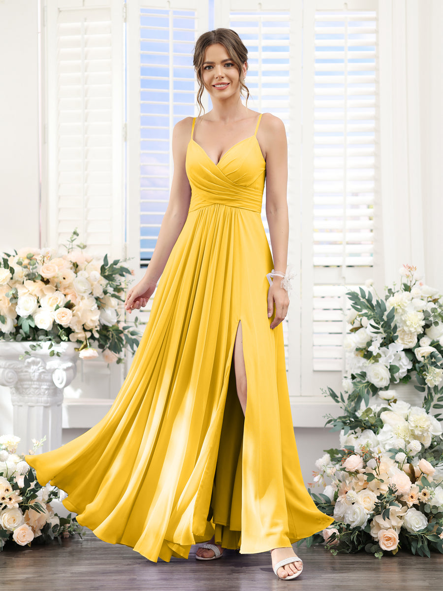 A-Line V-Neck Spaghetti Straps Sleeveless Split Side Floor-Length Chiffon Bridesmaid Dresses Gold