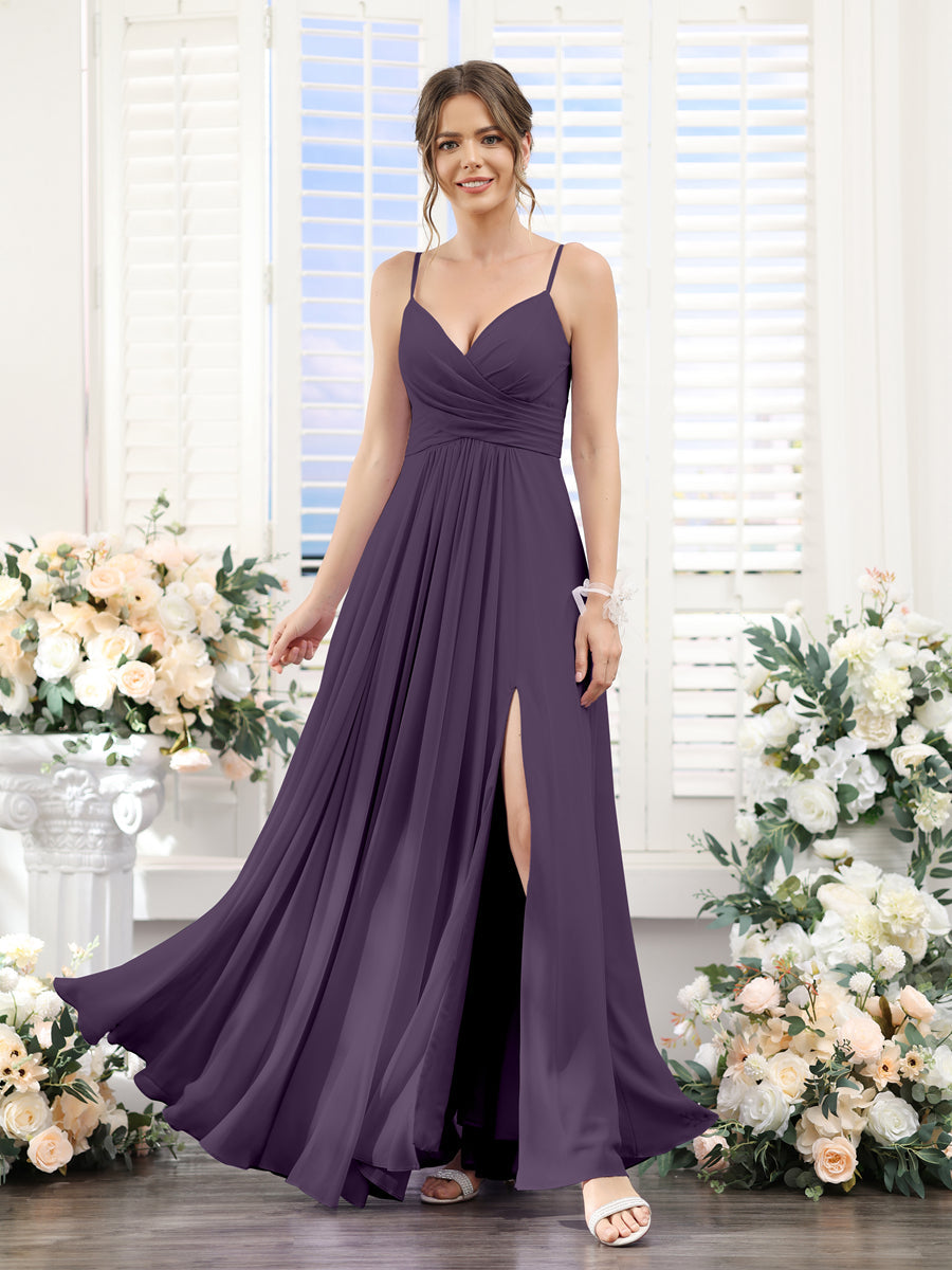A-Line V-Neck Spaghetti Straps Sleeveless Split Side Floor-Length Chiffon Bridesmaid Dresses Grape